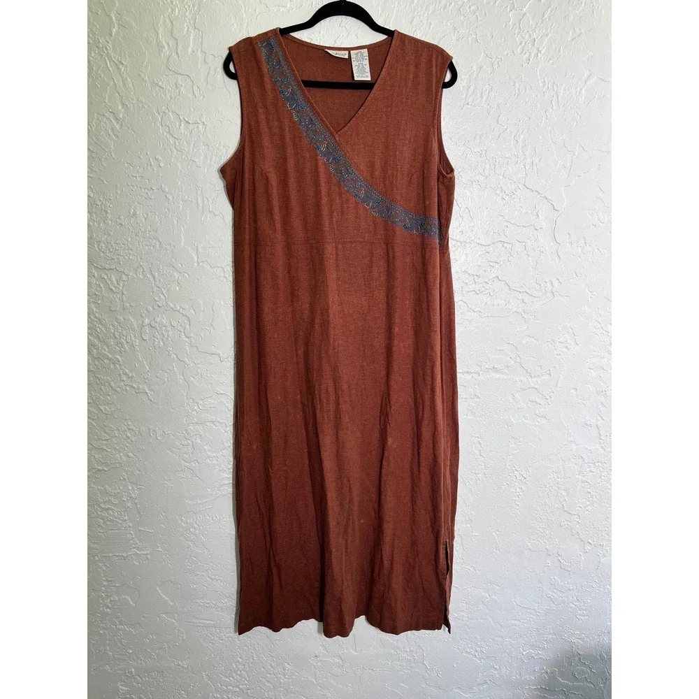 White Stag Linen‎ Blend Embroidered Midi Dress Rust Orange Sleeveless Large